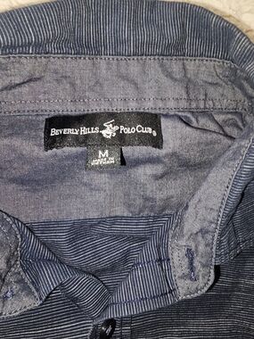 Beverly Hills Polo Club Men's Navy Blue Pinstripe Button-Up Shirt Size Medium
